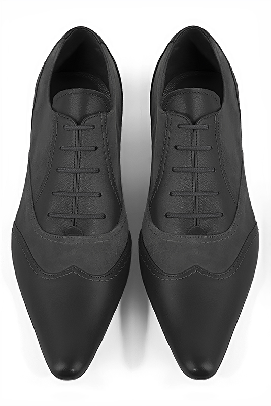 Dark grey lace-up dress shoes for men. Tapered toe. Flat leather soles. Top view - Florence KOOIJMAN